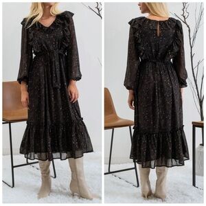 BY THE RIVER Women S Black Gold Star Print Long Sleeve Chiffon Ruffle Midi Dress